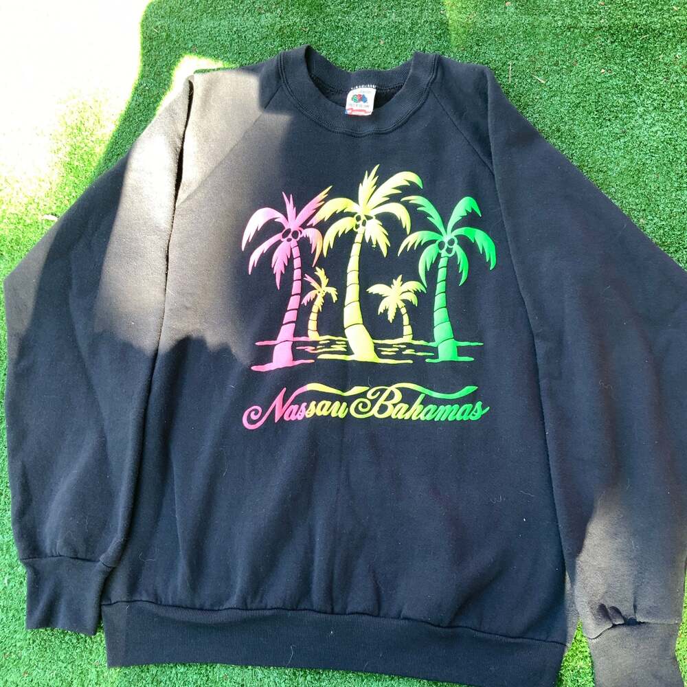 Vintage 80s 90s Fruit of the Loom Nassau Bahamas Neon Palm Trees Graphic Sweatsh